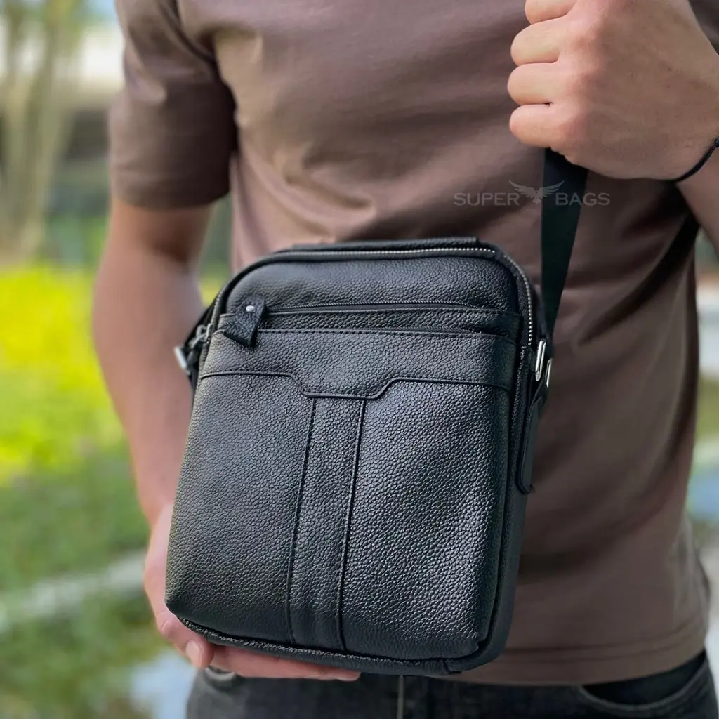 Шкіряна чоловіча сумка-барсетка 21х25х6, месенджер з ручкою Tiding Bag 73957 чорна 210 мм - фото 2