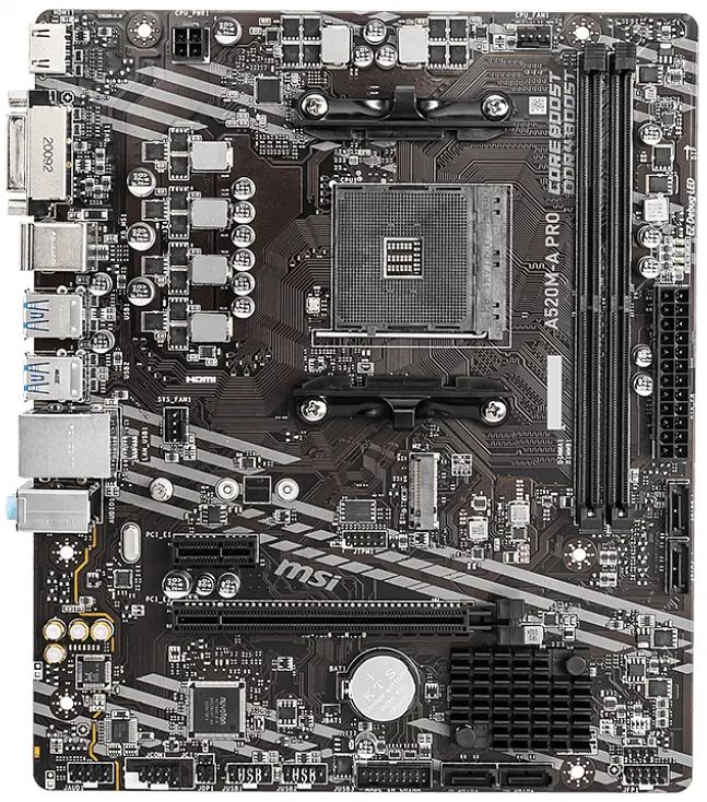 Материнская плата AM4 (A520) MSI A520M-A PRO, A520, 2xDDR4, Int.Video(CPU), 4xSATA3, 1xM.2, 1xPCI-E 16x 3.0, 1xPCI-E 1x 3.0, ALC892, 6xUSB3.2/6xUSB2.0, DVI-D/HDMI, MicroATX - фото 2