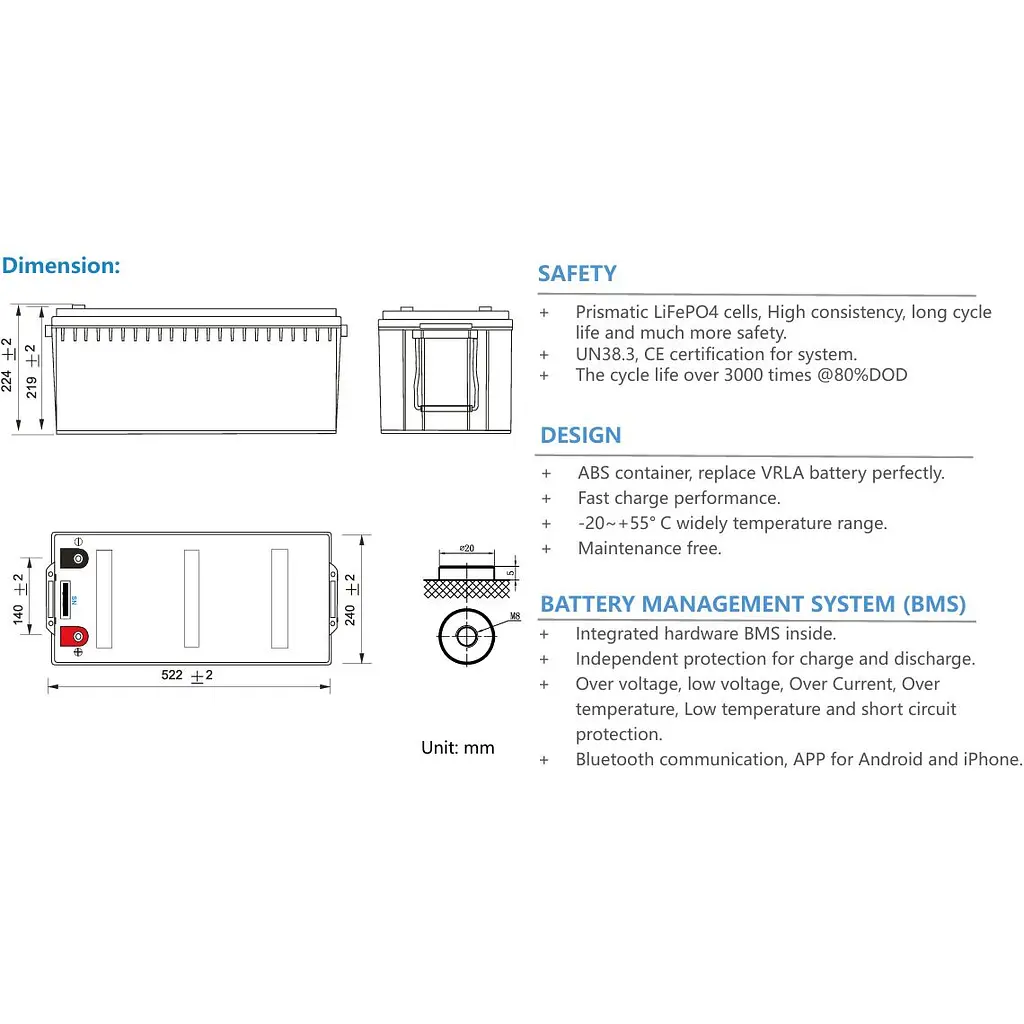 Акумулятор Ritar LiFePO4 12V (12.8V/200Ah/2560Wh) (R-LFP 12.8V 200Ah Blueth) [168181] - фото 3