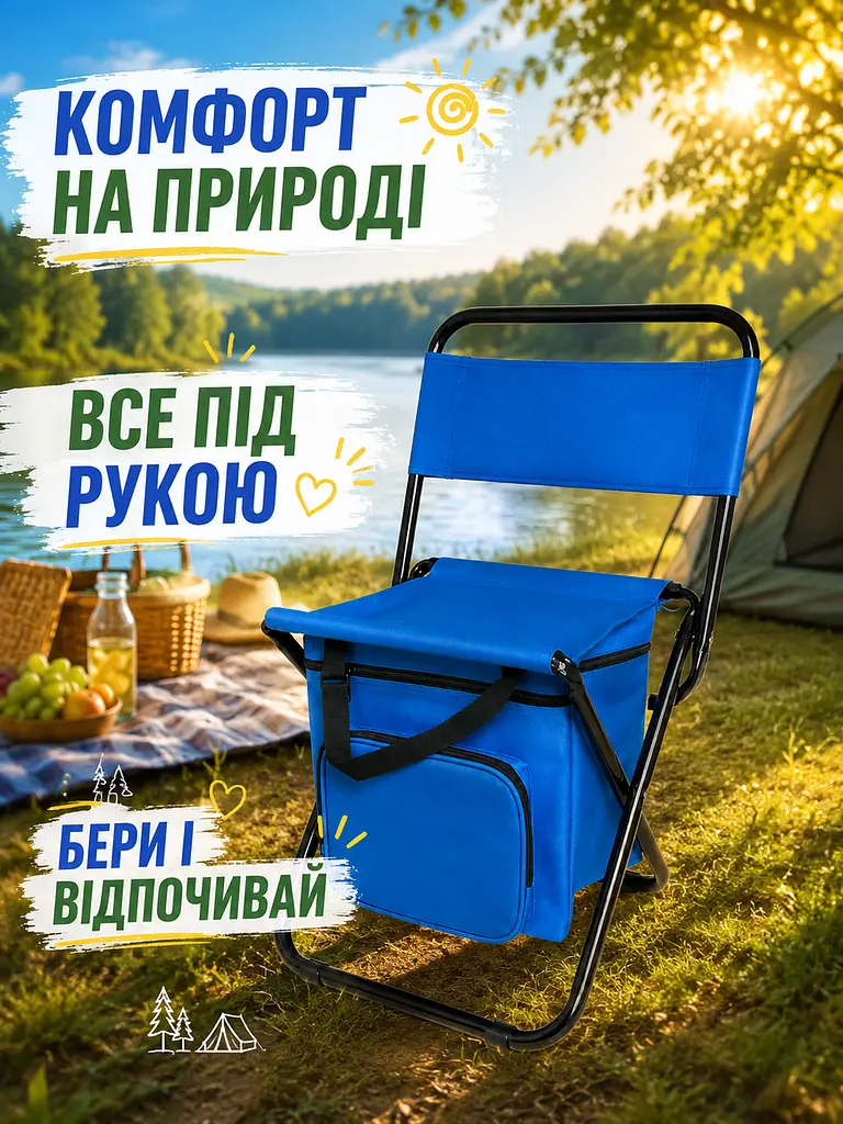 Складаний туристичний стілець із термосумкою до 100 кг 35×28×59 см синій (49676085) - фото 8