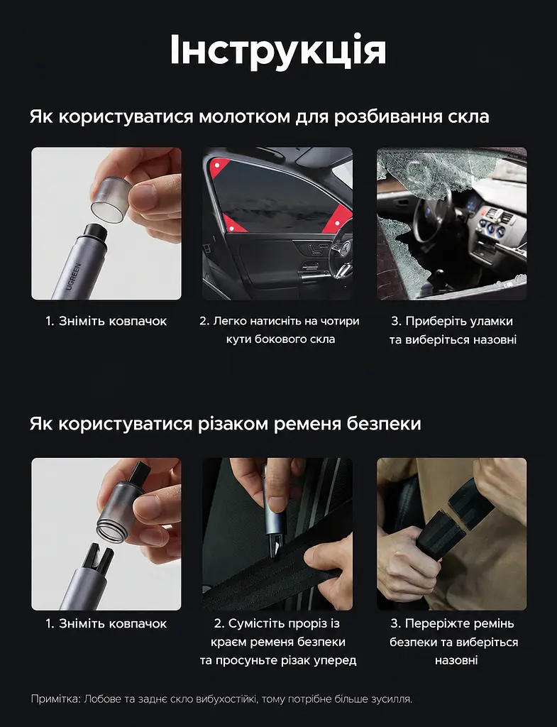 Автомобільний пружинний склобій із різаком ременя безпеки UGREEN CarSafe LP821 рятувальний молоток для загартованого скла працює під водою із тримачем для фіксації в автомобілі із тестовим склом для перевірки механізму сіро-фіолетовий із чорними деталями та прозорими торцевими кришками (35347) - фото 11