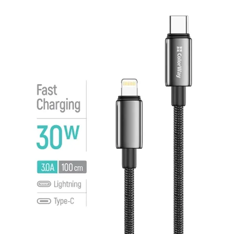 Дата кабель USB-C to Lightning 1.0m PD30W zinc alloy braided black ColorWay (CW-CBPDCL098-BK) - фото 4