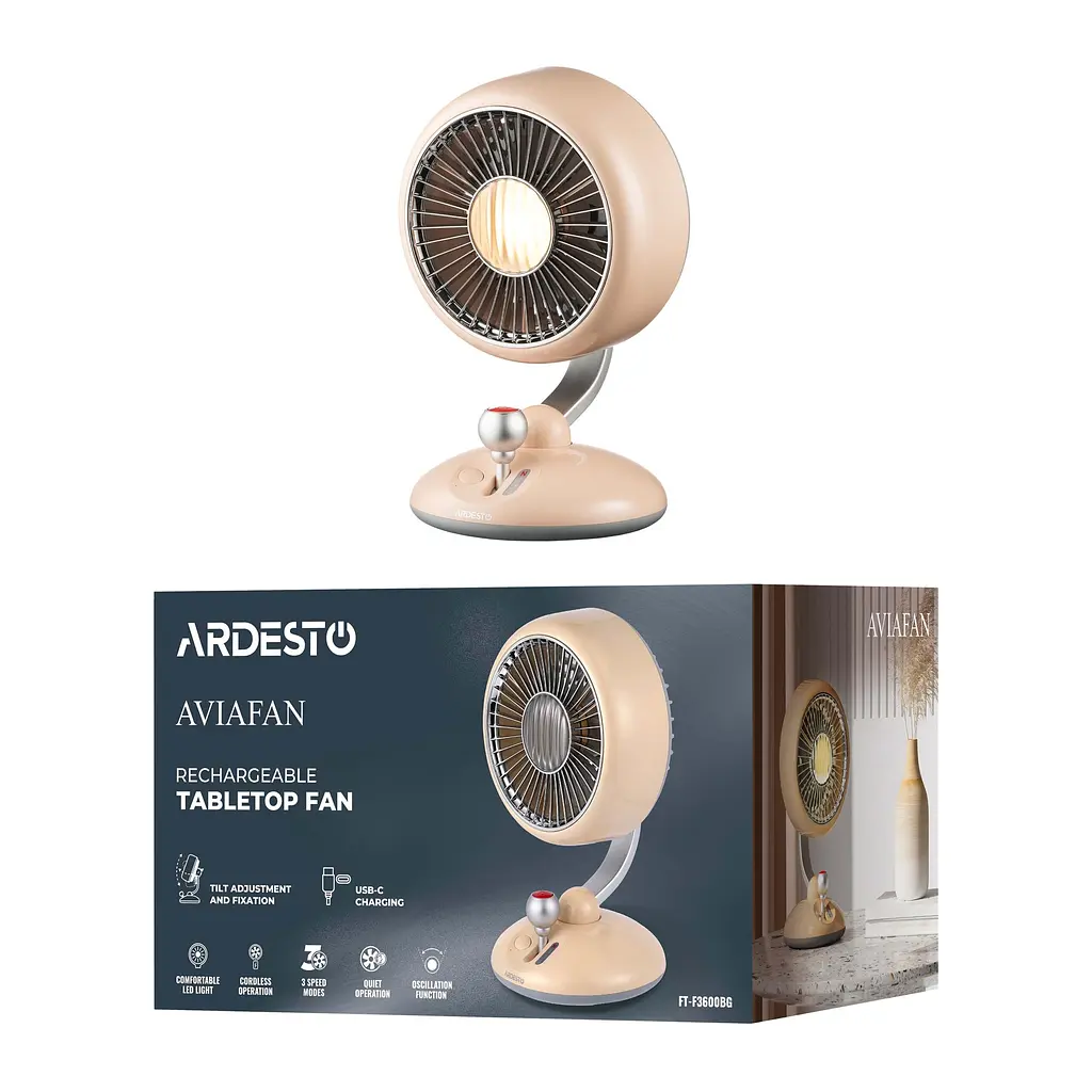 Вентилятор настільний ARDESTO AviaFan FT-F3600BG Beige, 12 см, акумулятор, підсвітка, USB-A Type-C - фото 7