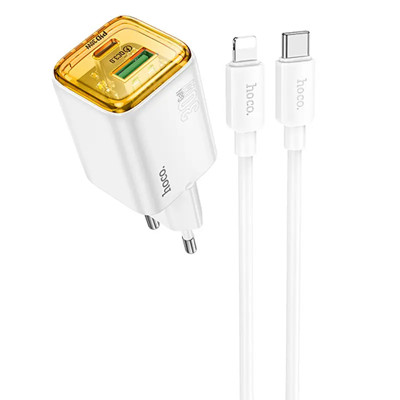 МЗП N53 Monsoon PD30W+QC3.0 (1USB-A/1C) + кабель Type-C to Lightning White Hoco teh0029644