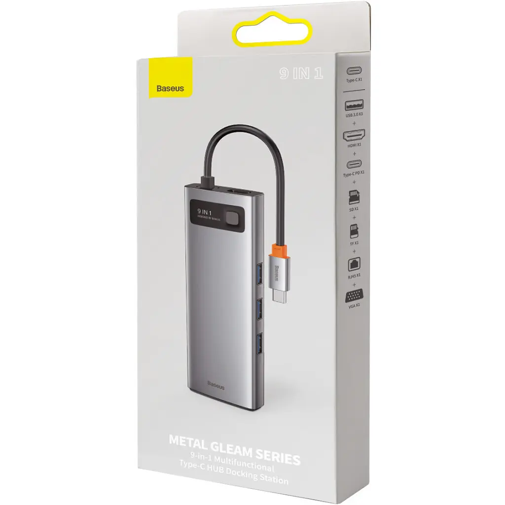 Концентратор Baseus USB3.1 Type-C to USB C(PD)100W/HDMI 4K 30Hz/VGA/USB3.2/RJ45/SD+TF,9in1 Grey (CAHUB-CU0G) - фото 8