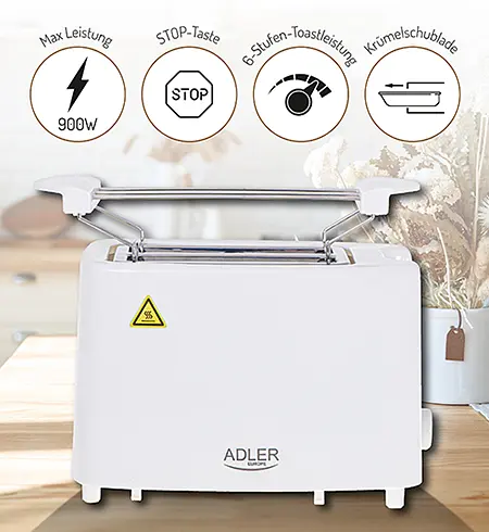 Електричний тостер Adler AD 3223 білий 900 Вт, 2 відділення, регулювання підсмаження, решітка для булочок - фото 9