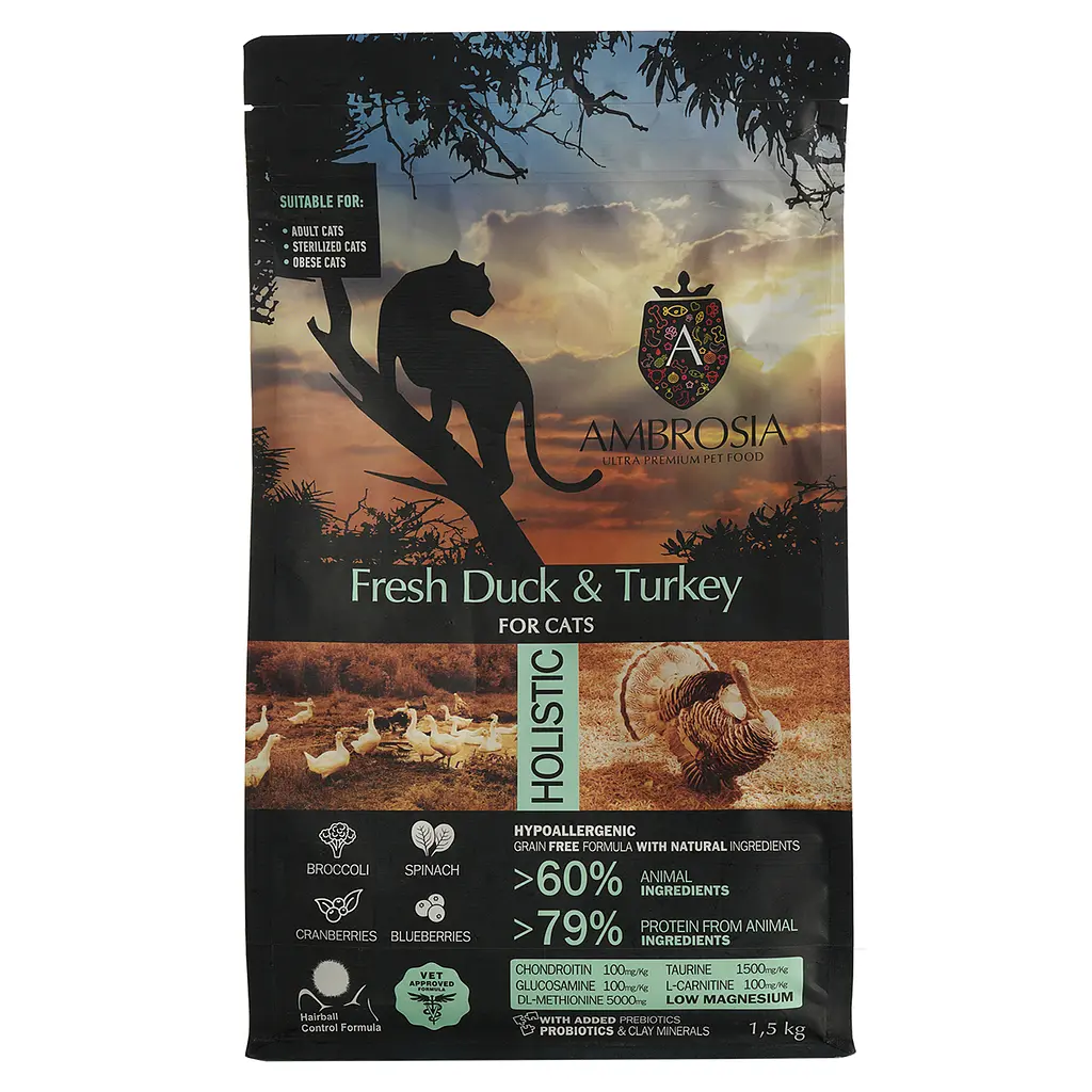Сухой корм Ambrosia Grain Free Cat Fresh Duck & Turkey для стерилизованных кошек со свежей уткой и индейкой 1.5 кг - фото 2