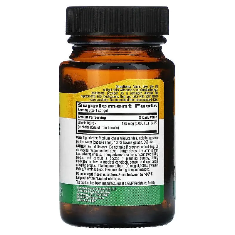 Вітамін D3 Country Life Vitamin D3 5000 IU, 60 капсул для здоров'я кісток, зубів і імунітету - фото 2