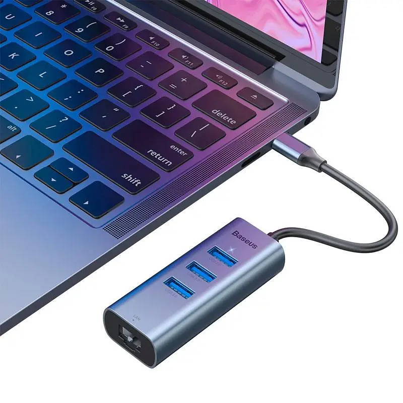 Мультипортовий адаптер USB Хаб Baseus Enjoy series Type-C to 3xUSB3.0+RJ45 CAHUB-M0G Grey - фото 5