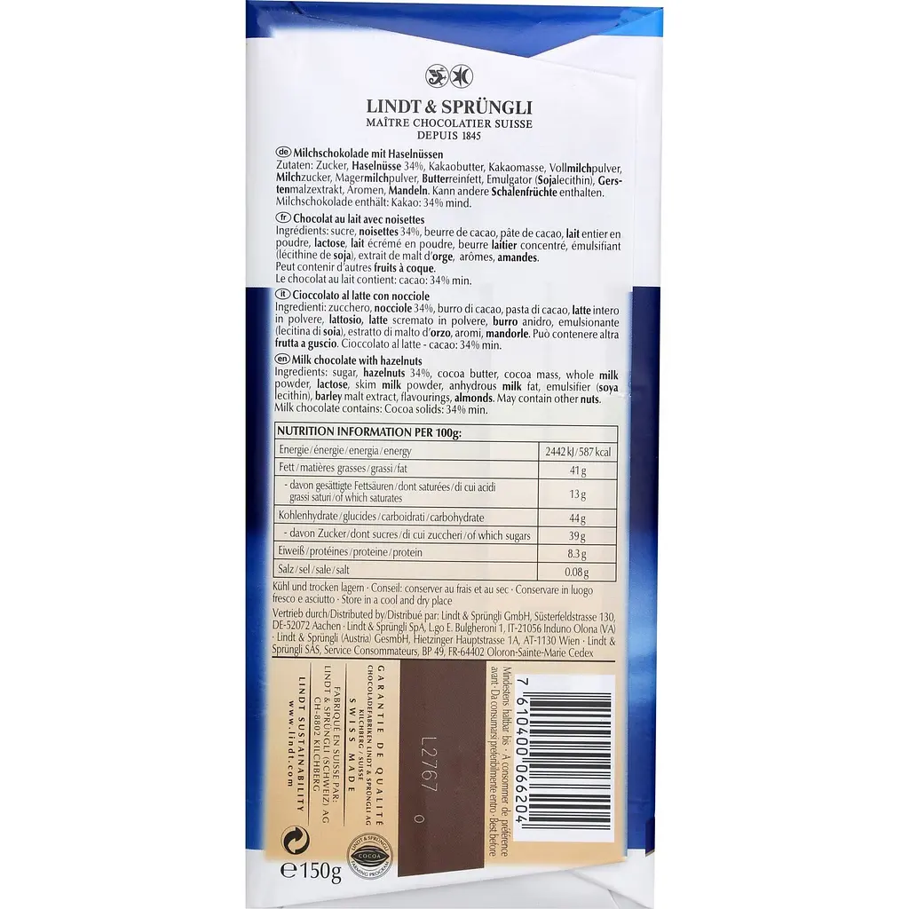 Шоколад молочный Lindt Les Grandes с целым фундуком 150 г (562900) - фото 2