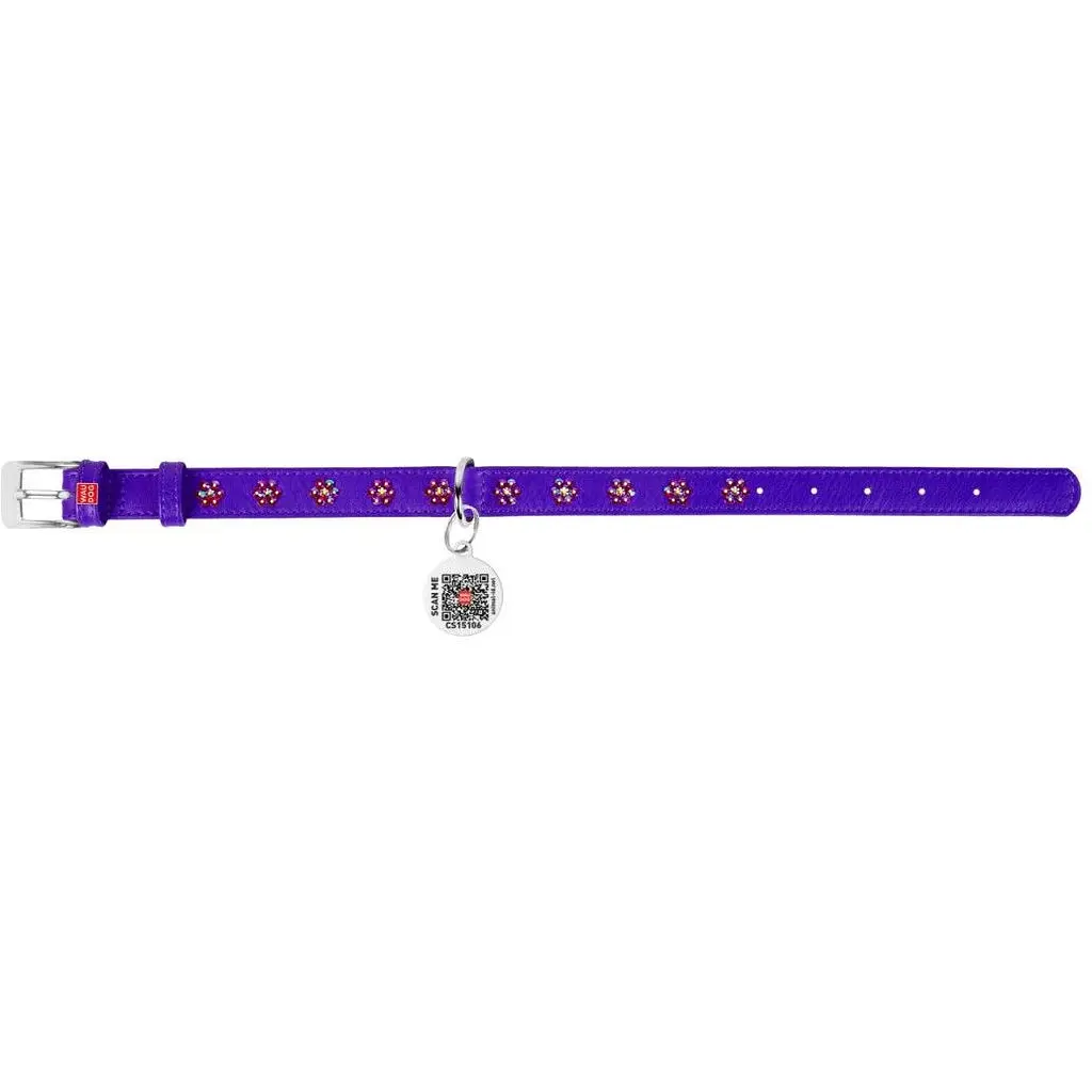Ошейник для собак Waudog Glamour со стразами Цветочек, кожаный, с QR паспортом, М, 27-36х1,5 см, фиолетовый - фото 2