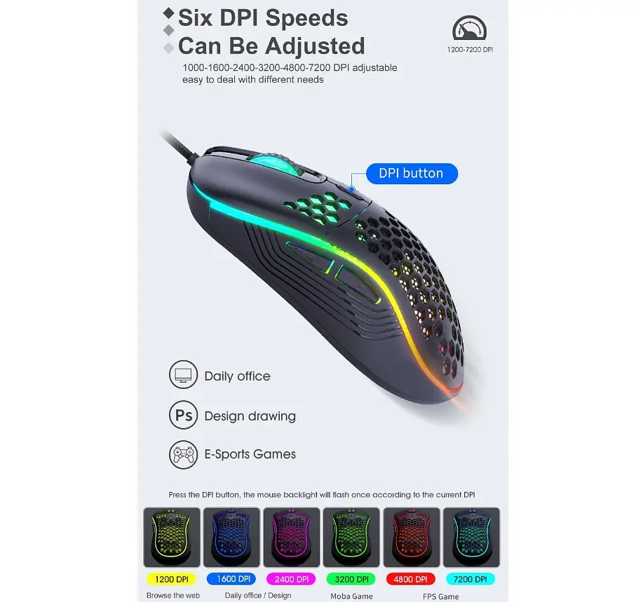 Игровая мышь iMICE T98 6 кнопок, 1200/2400/4800/7200 DPI - фото 5