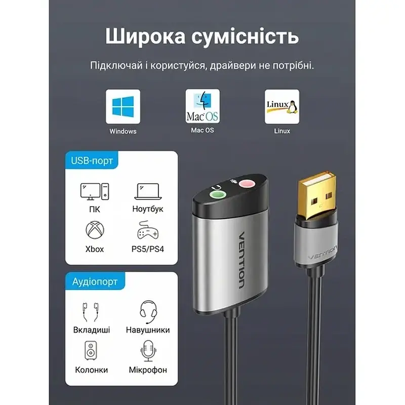 Адаптер Vention USB External Sound Card 0.15M Gray Metal Type (CDKHB)Cablexpert CCUSBRECEPTACLE - фото 2