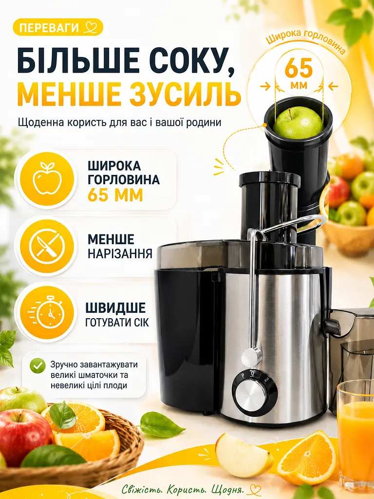 Соковитискач для фруктів та овочів 1000 W чорний з широкою горловиною 65 мм (49675913) - фото 3