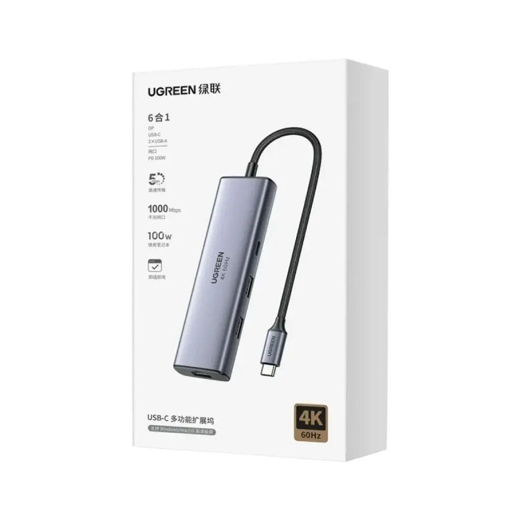 Концентратор Ugreen USB-C 6-in-1 2xUSB-A + 1xUSB-C PD100W + DisplayPort 4K60Hz + 1xRJ45 1000Mbps black (75643) - фото 6