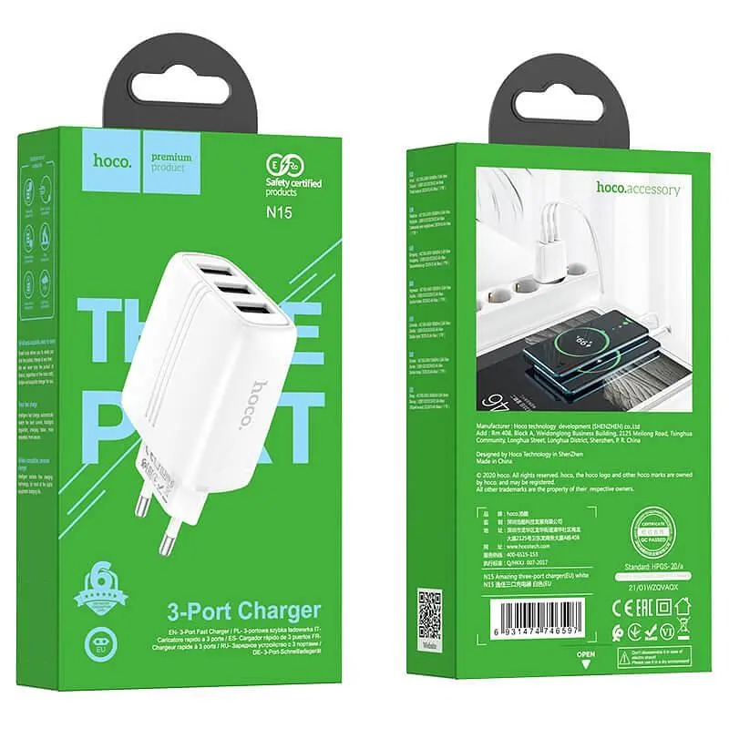 Адаптер мережевий HOCO Amazing three-port charger N15 3USB, 3.4A - фото 7