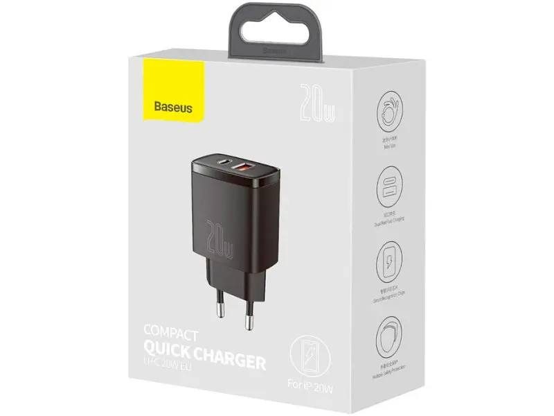 Мережевий зарядний пристрій BASEUS Compact Quick Charger U+C 20 W Black (CCXJ-B01) - фото 5