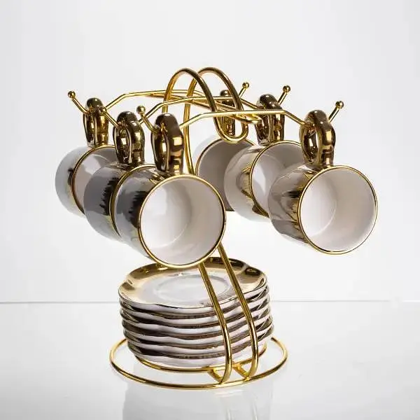 Чайный сервиз из фарфора 12 предметов на 6 персон на металлической подставке, белый(FM-46) - фото 2