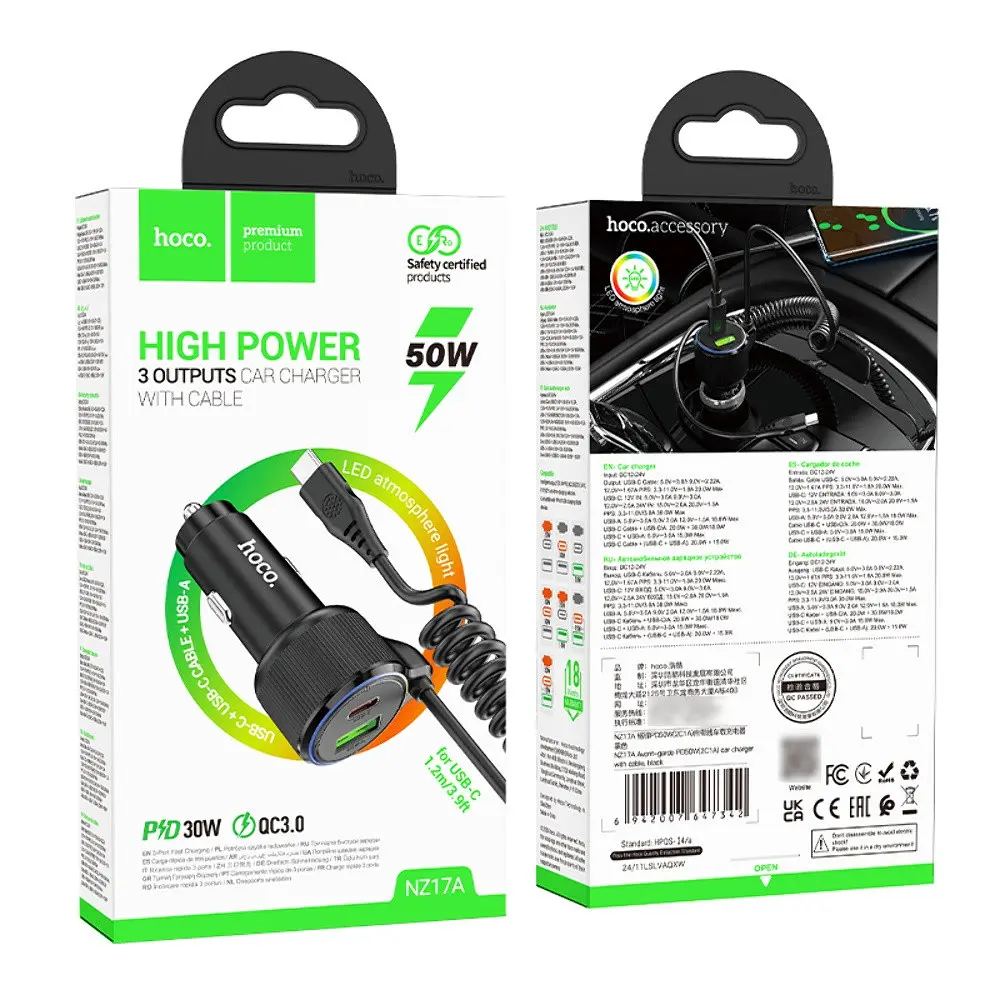 Автомобільний зарядний пристрій Hoco NZ17A USB/2 Type-C PD 50W з кабелем Type-C чорний - фото 7