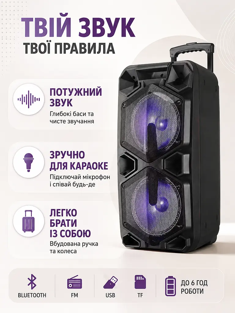 Портативна колонка валіза 2×10″ PMPO 4000 Вт з мікрофоном, пультом і LED чорна (49676161) - фото 2
