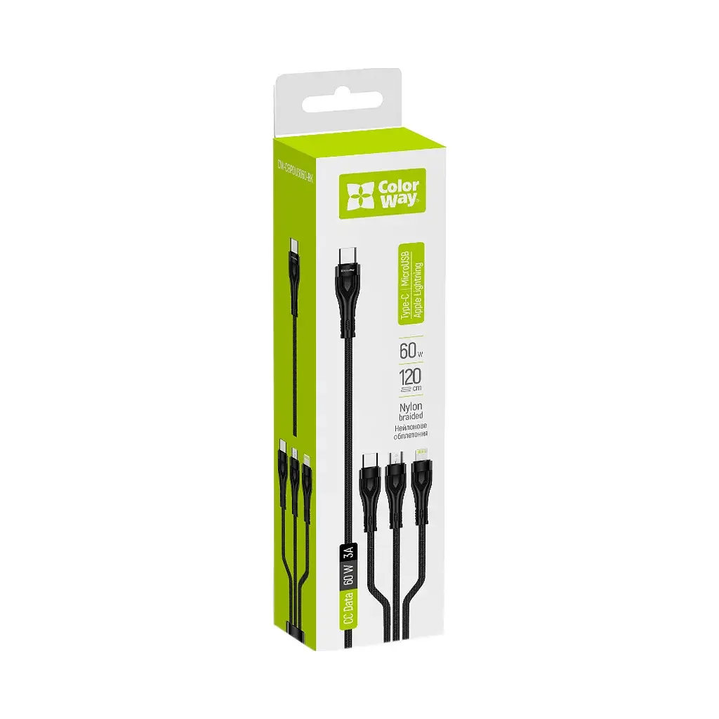 Дата кабель USB-C to Lightning + Micro 5P + USB-C 1.2m 3.0A (PD60W data) Black ColorWay (CW-CBPDU3060-BK) - фото 6