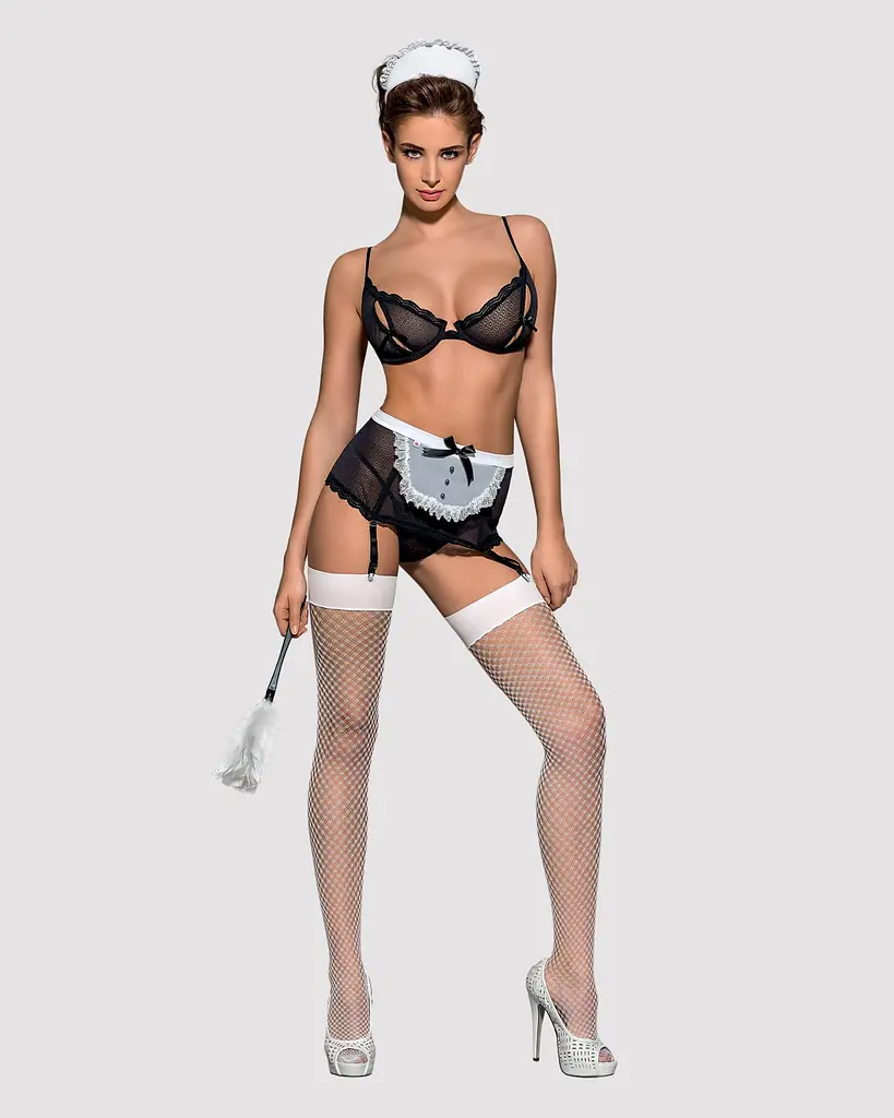 Еротичний костюм покоївки Obsessive Maidme set 5pcs S/M, бюстгальтер, пояс з фартухом, панчохи - фото 3