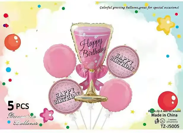 Набір фольгованих кульок "Бокал Happy Birthday" рожевий 5 шт декоративні для свят - фото 2
