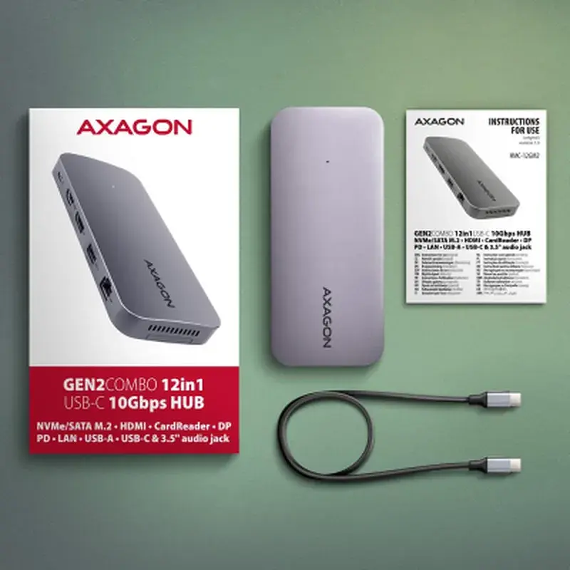 Концентратор AXAGON USB-C 12-in-1 HDMI + DisplayPort + RJ45 1000Mbps + PD100W aluminum gray (HMC-12GM2) - фото 12