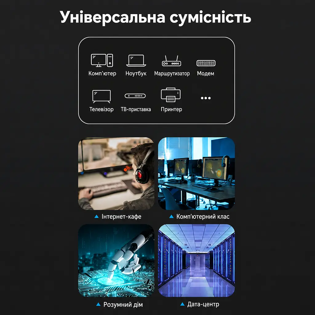 Кабель Ethernet Cat8 Vention 1 м патч-корд зі штекерами RJ45 на обох кінцях смуга пропускання 2000 МГц і швидкість передавання до 40 Гбіт/с фактична швидкість з’єднання залежить від можливостей портів обох пристроїв у комплекті 2 прозорі пилозахисні ковпачки RJ45 екранування фольгою та металевим обплетенням чорний (IKKBF) - фото 9