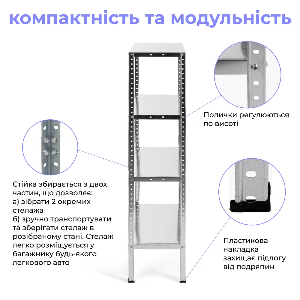 Стеллаж металлический МИА-111, 4 полки цинк 150х75х30 см - фото 3