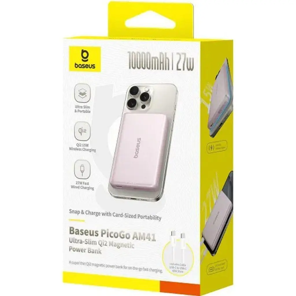 Павербанк Baseus PicoGo Ultra-Slim Qi2 Pink 10 000 mAh / 27 Вт (E0027202) - фото 5