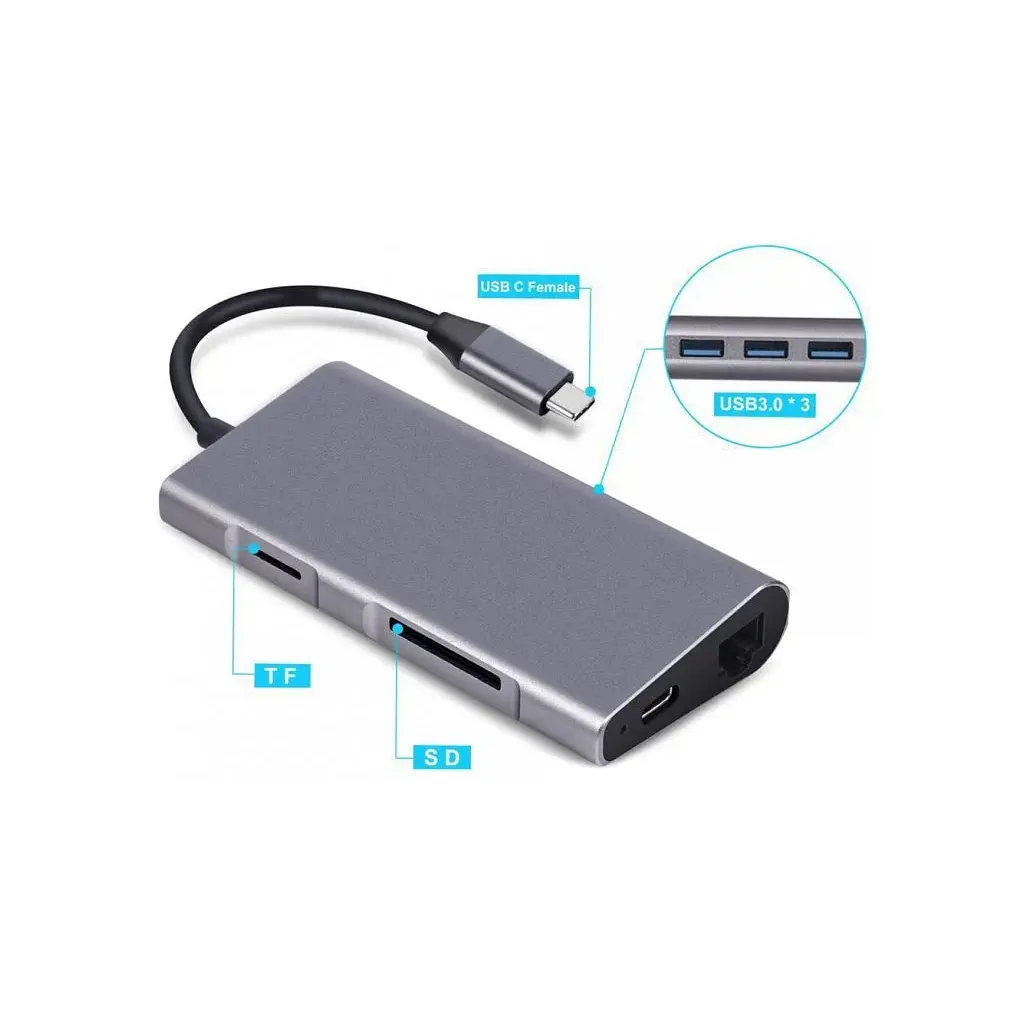 Концентратор Dynamode USB3.1 Type-C to HDMI, 3хUSB3.0, RJ45, USB Type-C Female, SD (Dock-USB-TypeC-HDMI-USB3.0-RJ45) - фото 6