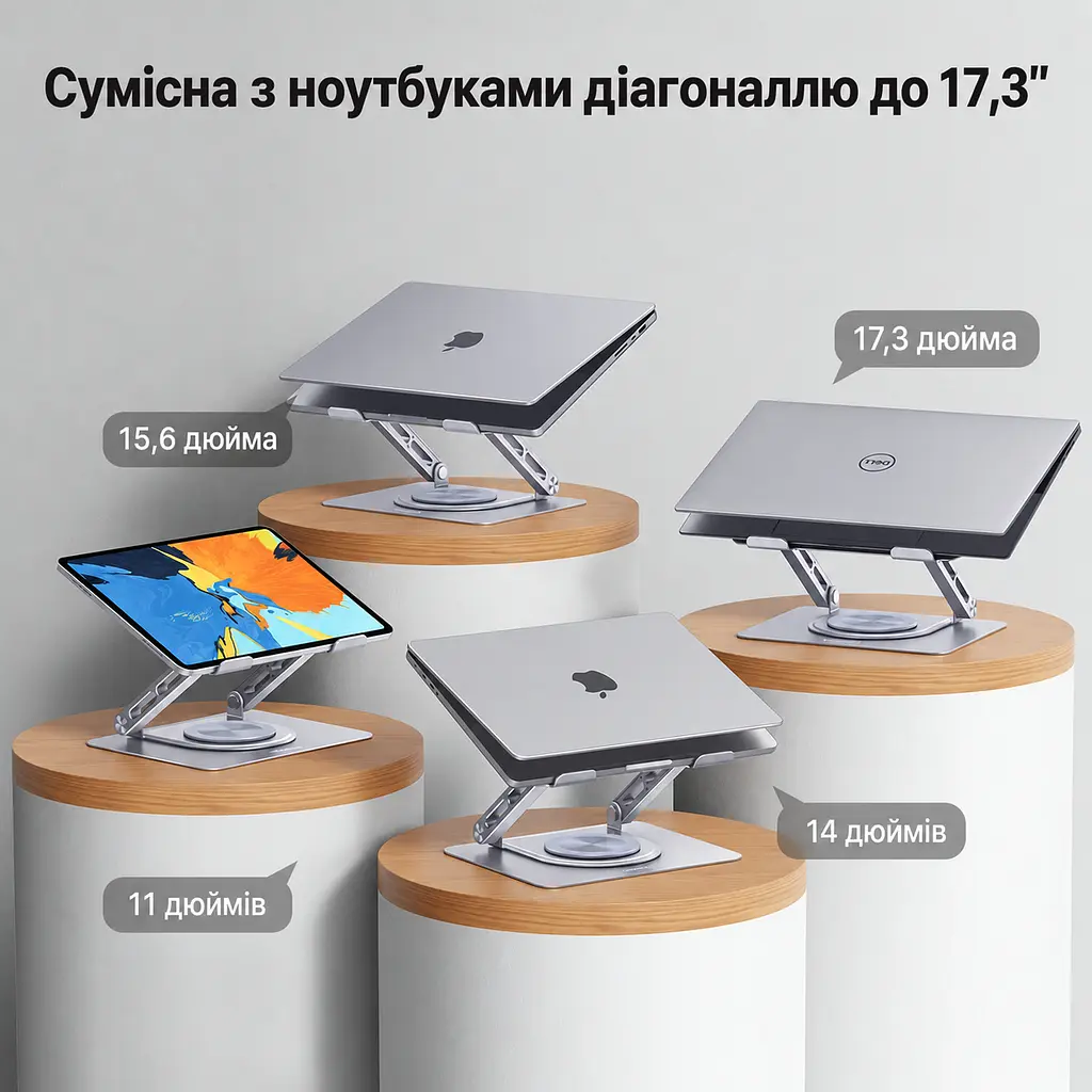 Настільна підставка для ноутбука UGREEN LP876 для діагоналей 11–17,3″ з обертанням на 360° з регулюванням висоти до 178 мм з регулюванням нахилу навантаження до 5 кг також для планшета складана із протиковзними силіконовими накладками з отворами для вентиляції космічний сріблястий (45418) - фото 4