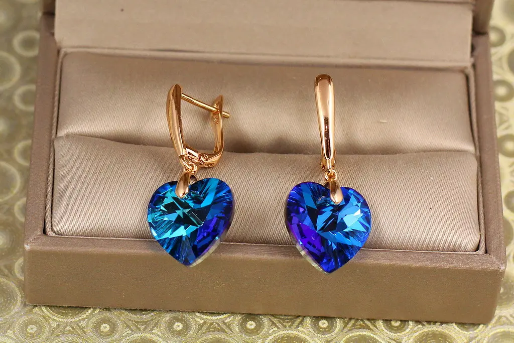 Сережки підвіски Xuping Jewelry Сваровські сердечки великі сині хамелеон 2,8 см золотисті