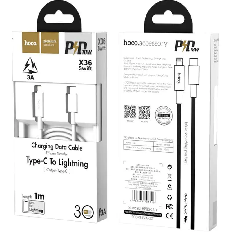 Cable Hoco X36 Swift PD Type-C to Lightning White 1m - фото 4