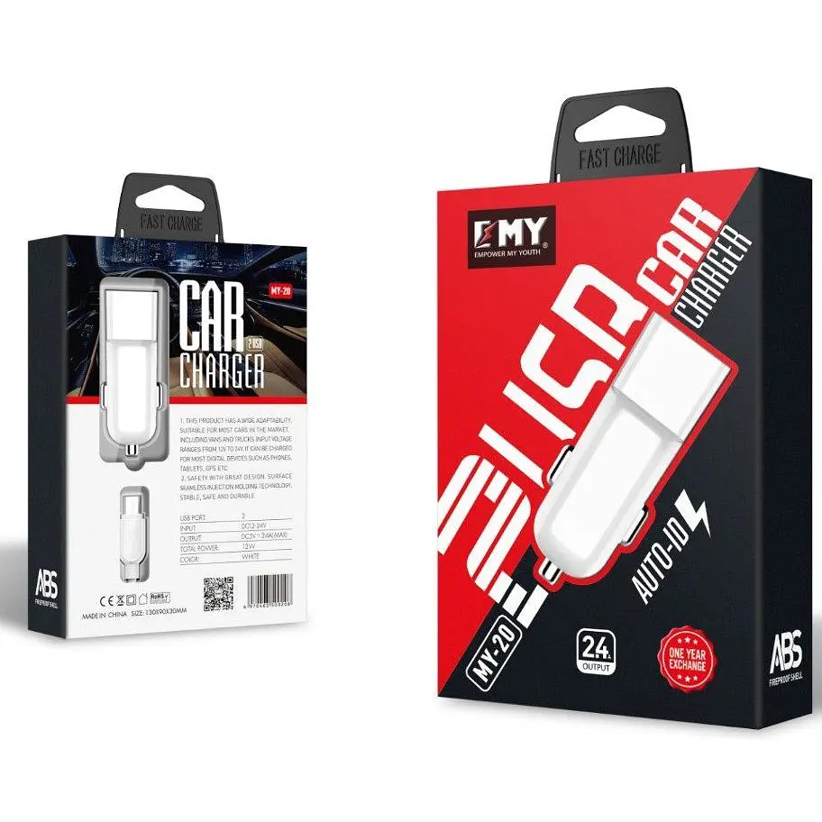 Автомобильное зарядное устройство для EMY MY20 2in1 АЗП With Iphone Cable DC12-24V, 2.4 А, 5V/12W - фото 3