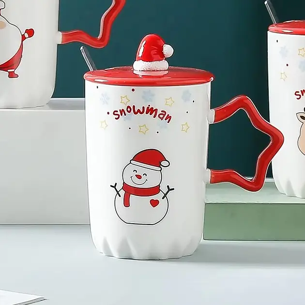 Чашка новогодняя Snowman с крышкой и ложкой Снеговик 360 мл Белая - фото 4