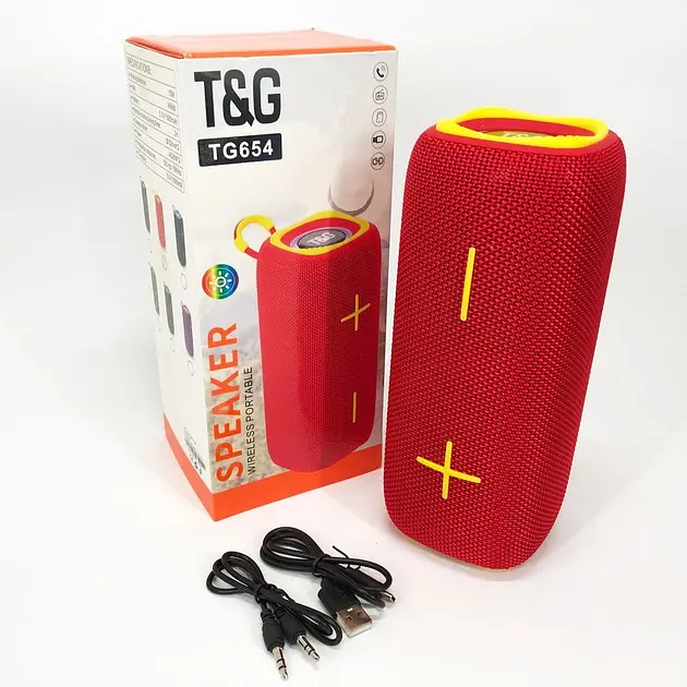 Портативна акумуляторна 16W Bluetooth колонка BT/USB/TF/FM з ремінцем та світломузикою 18см TG 654 червона - фото 4