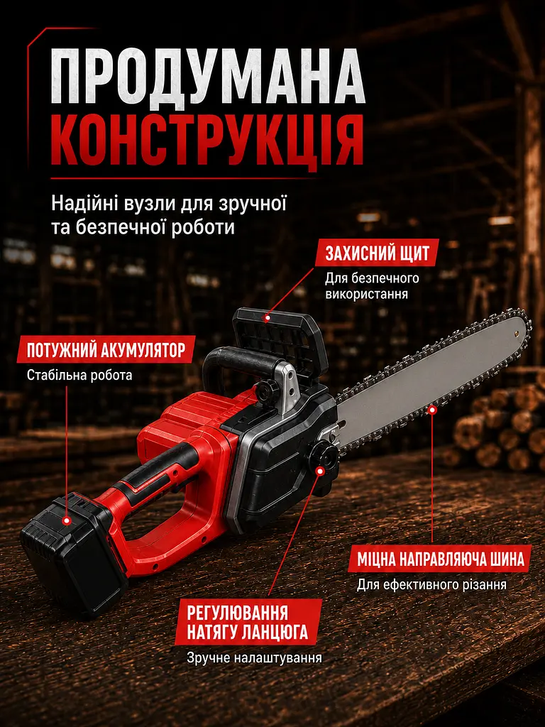 Акумуляторна ланцюгова пила 18" з автоподачею оливи, 2 АКБ і 2 зарядками, червона (49675889) - фото 6