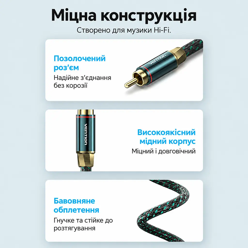 Коаксиальный аудиокабель Vention 10 м тюльпан RCA штекер на RCA штекер для цифрового S/PDIF 75 Ом двойное экранирование в хлопковой оплётке позолоченные разъёмы посеребрённый проводник OFC зелёный (BCTGL) - фото 5