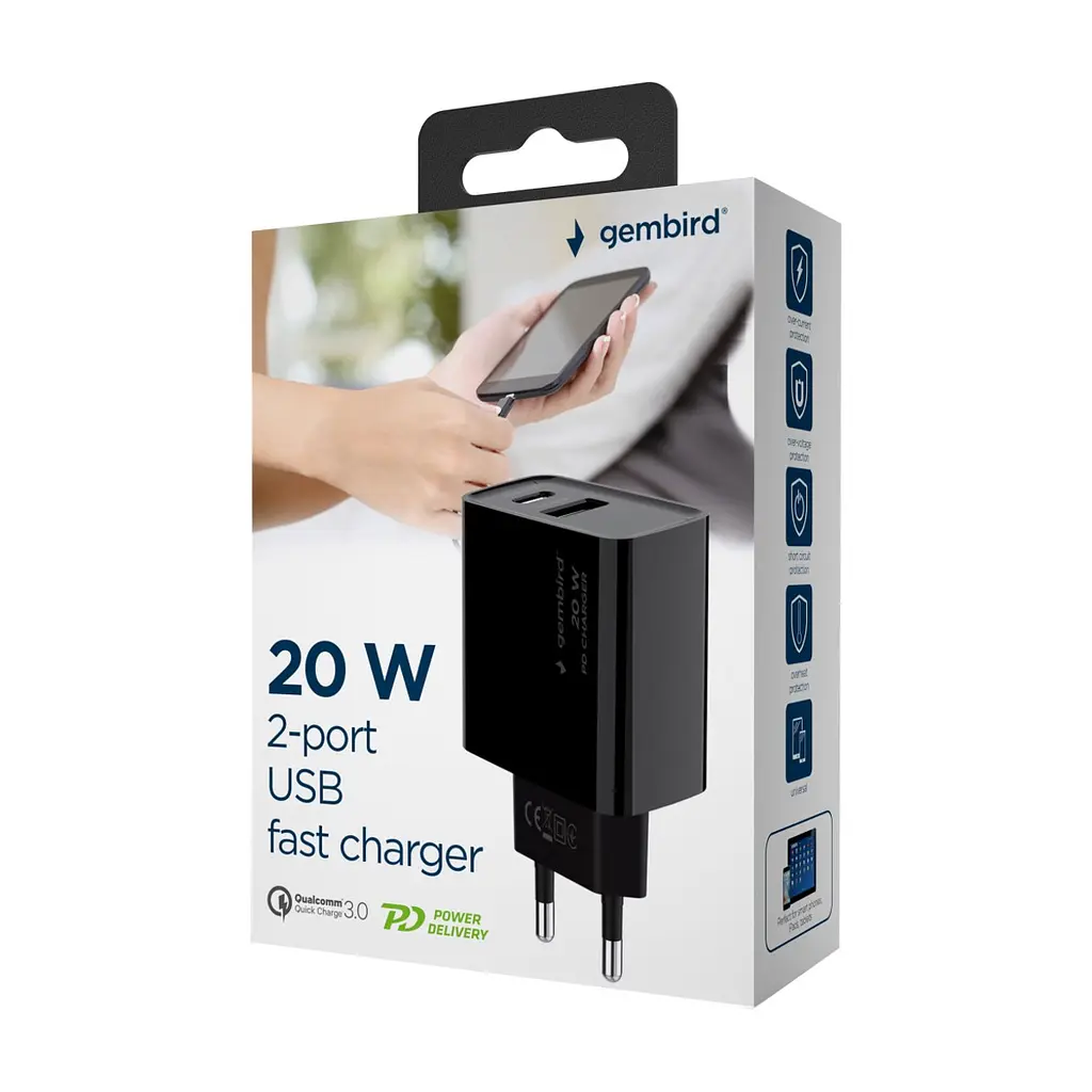 Зарядний пристрій Gembird 1xUSB-A + 1 Type-C (PD20Вт + QC3.0 18Вт) black (TA-UC-PDQC20-01-BK) - фото 6
