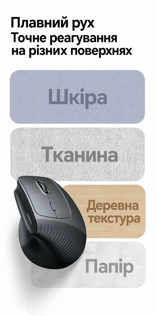 Бездротова вертикальна миша UGREEN M571S Bluetooth та USB-A приймач 2,4 ГГц 4 рівні чутливості до 4000 DPI перемикання між трьома пристроями тихі кнопки та коліщатко вбудований акумулятор із заряджанням USB-C бічні кнопки швидкого доступу пам’ять DPI для кожного пристрою опора для великого пальця протиковзна накладка під палець у комплекті відсік для приймача кабель заряджання USB-A на USB-C 1 м у комплекті темно-сіра з чорним (85237) - фото 13