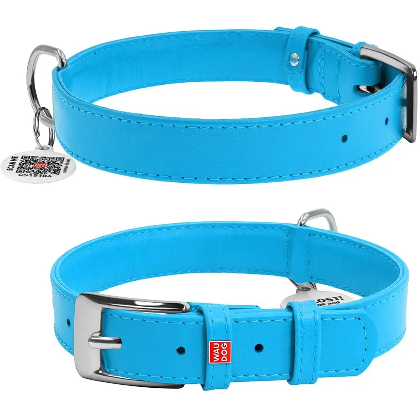 Ошейник для собак Waudog Glamour, кожаный, с QR паспортом, 38-49х2,5 см, голубой - фото 3