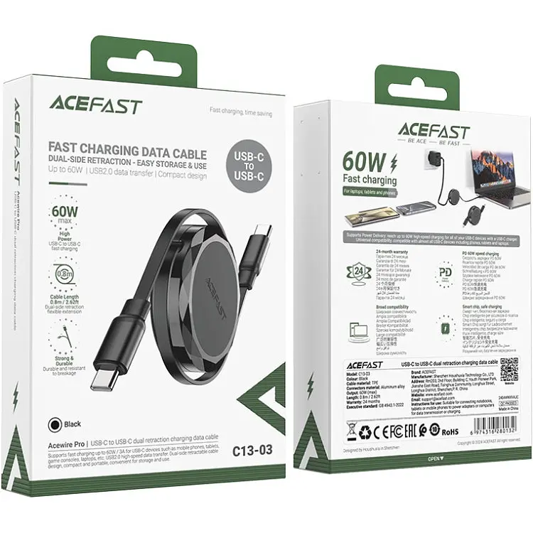 Кабель USB 2.0 Type-C M-M, 0.8м 60W dual retraction Чорний, C13-03 Acefast - фото 4