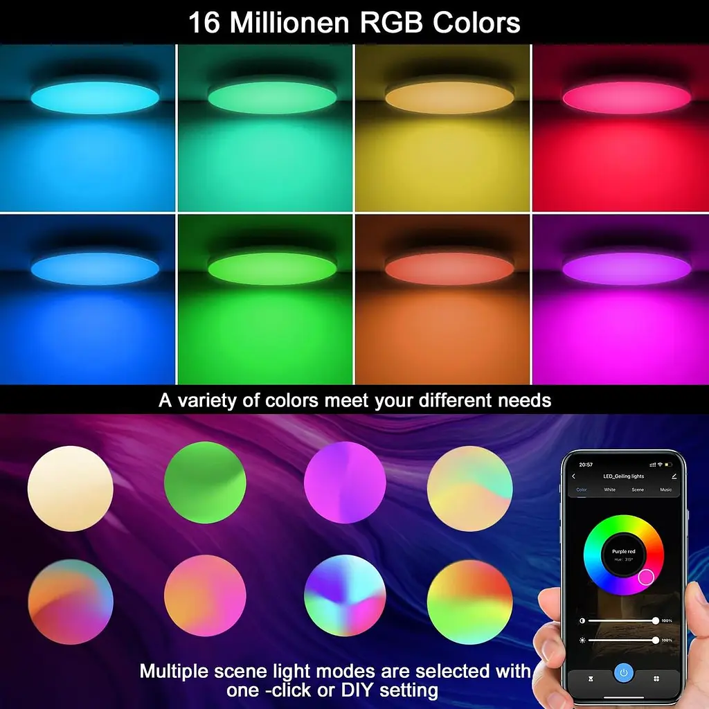 Світлодіодний стельовий світильник із димінгом, 24 Вт 2400 LM Smart RGB світлодіодний стельовий світильник, IP44 лампа - фото 2