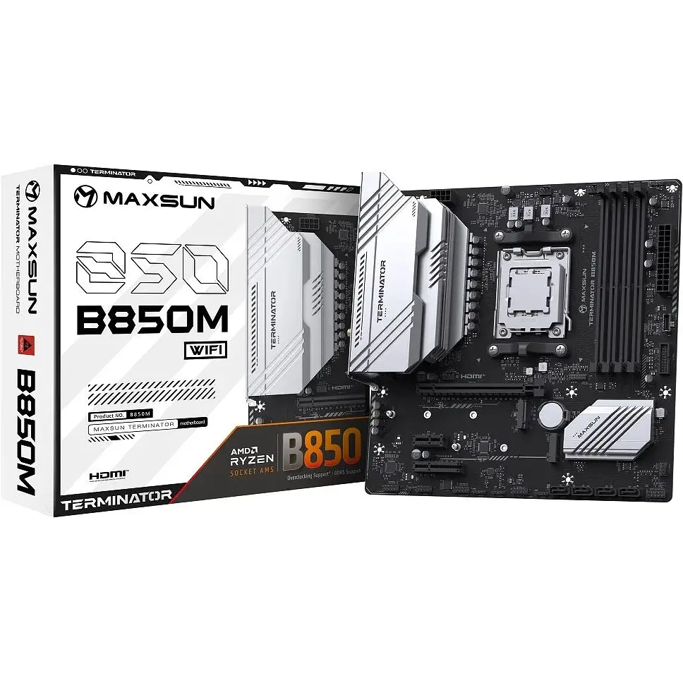 Материнська плата Maxsun Terminator AM5 B850M WIFI, B850, 4xDDR5, Int.Video (CPU), 4xSATA3, 2xM.2, 1xPCI-E 4.0 x16, 1xPCI-E 3.0 x4, 1xPCI-E 3.0 x1, ALC897, RTL8125BG, RTL8852BE, BT5.2, 4xUSB3.2/4xUSB2.0/1xUSB-C, DP/HDMI, Micro ATX - фото 2