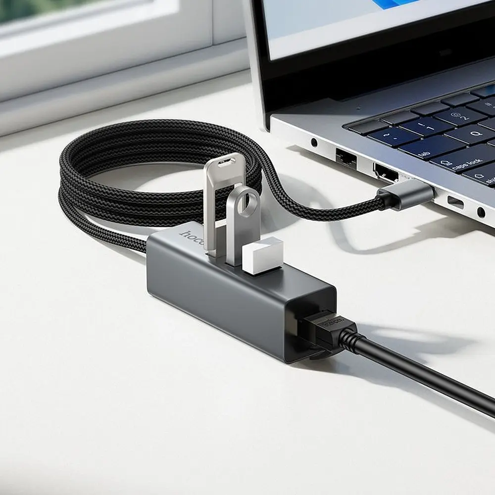 USB-хаб Hoco HB1D 4-in-1 converter(USB to USB2.0*3+RJ45) Gray - фото 3