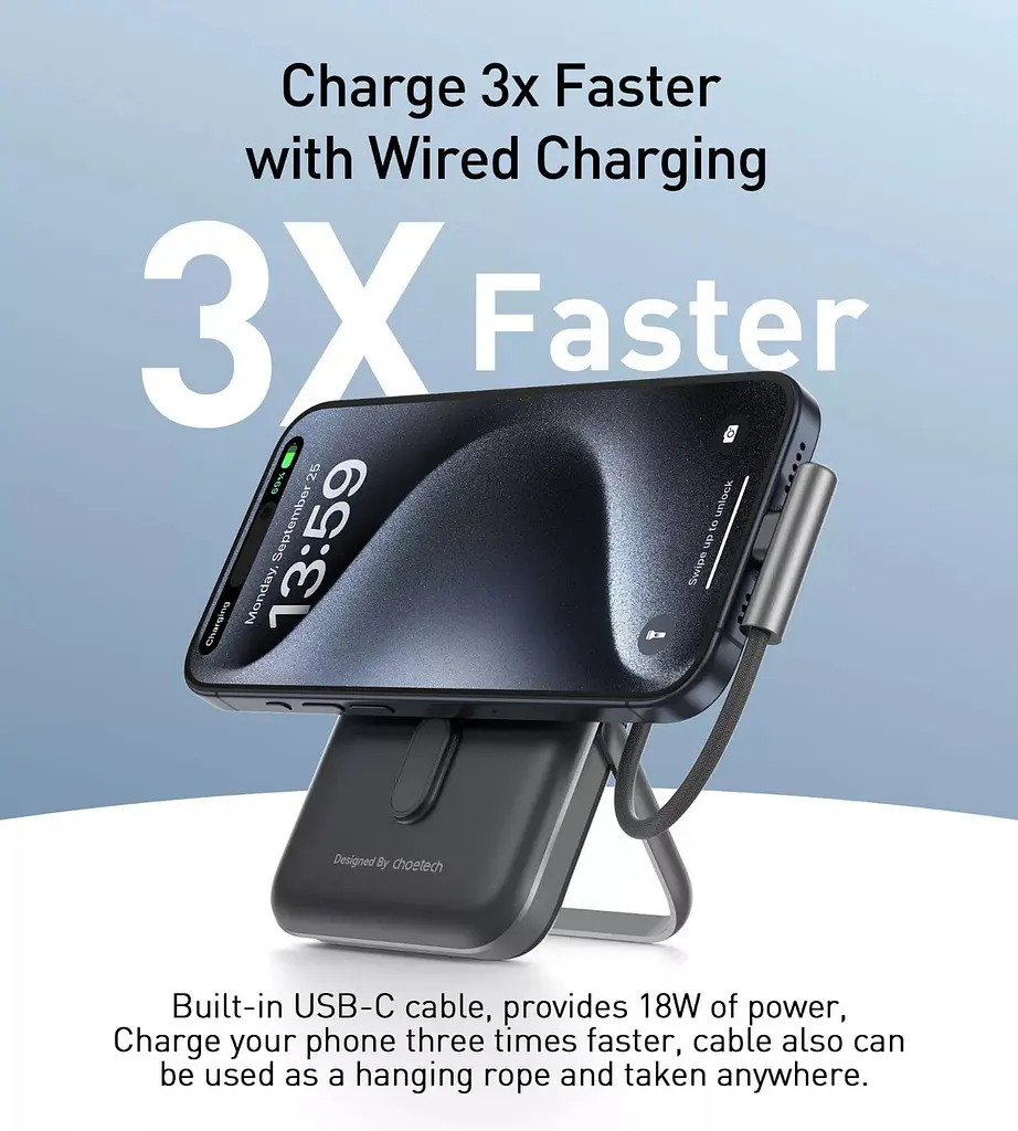 Універсальна мобільна батарея Choetech Magnetic Wireless 10000mAh 20W PD USB-C In/Out, Qi-15W, - фото 5