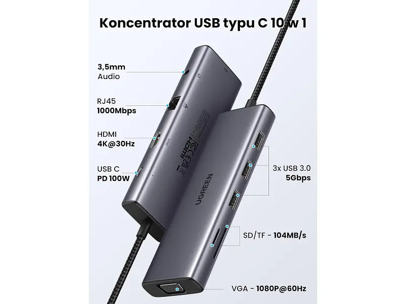 Док-станція UGREEN CM498 Revodok 10-in-1 USB-C (15601) - фото 3