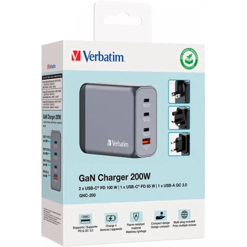 Зарядний пристрій Verbatim GaN 200 W 4 ports (2xUSB-C-100 W,USB-C-65 W /USB-A -3.0) (32204) - фото 6